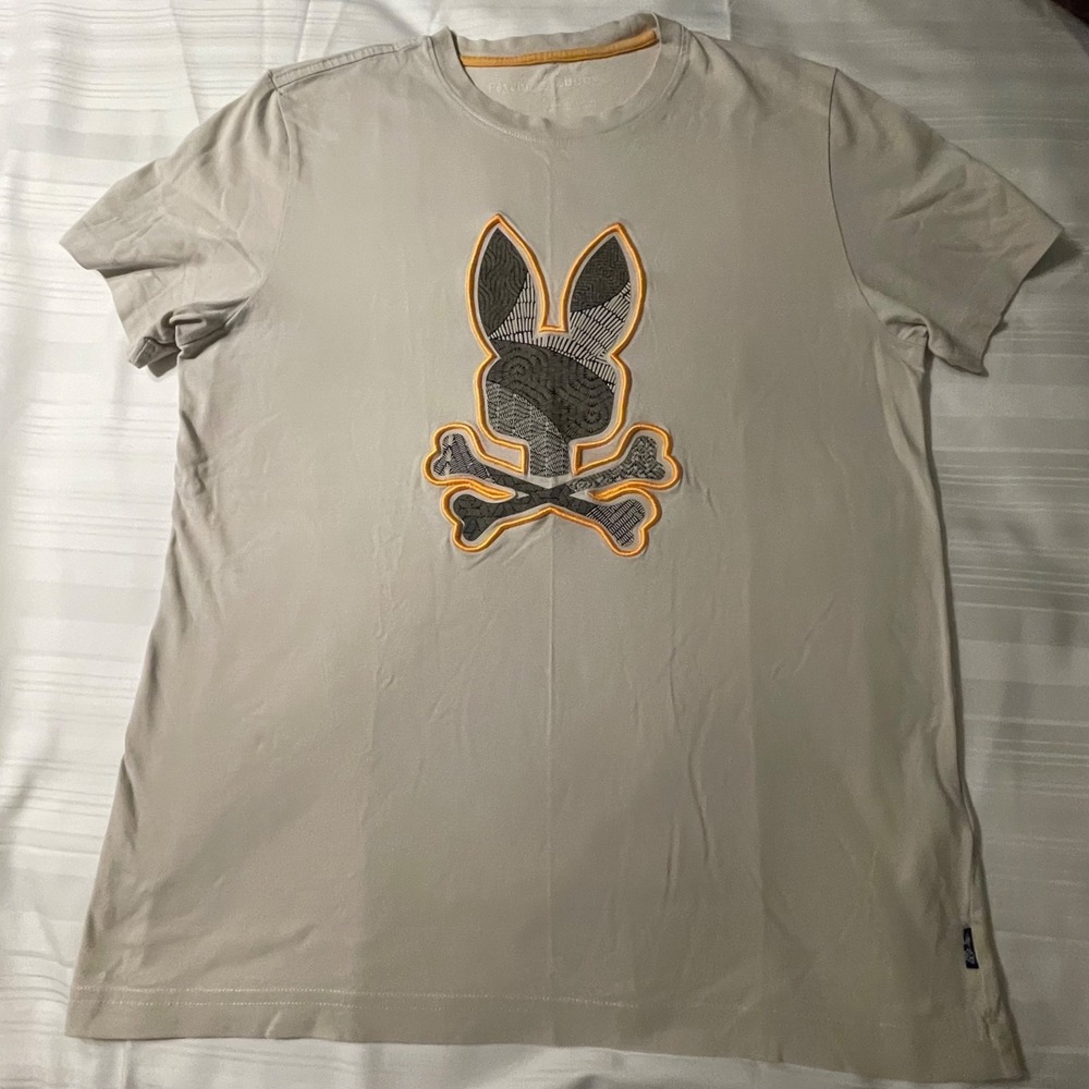 Psycho Bunny Lenox Graphic Tee Shirt Pima Cotton Tan Orange Logo Mens Size 4 M